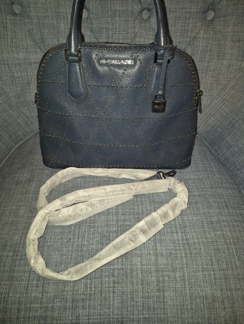 Michael Kors Blue Studded Satchel with Gold Hardware